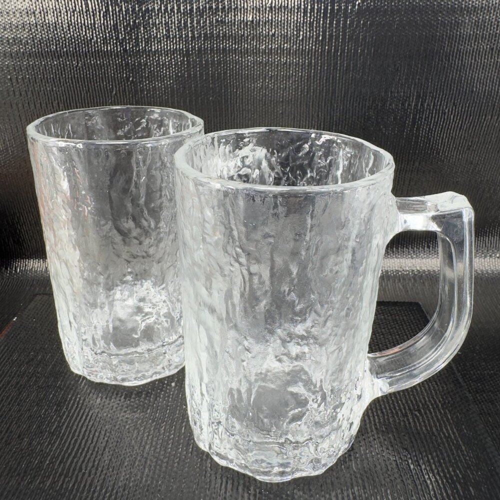 Vintage Hoya Clear Ice Texture Glass Mug Cup Set 2 Heavy Glassware Mugs Cups VTG